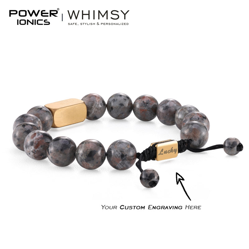 POWER IONICS 8mm 10mm Natural Flame Fire Stone Beads Adjustable Bracelet - 18K Gold Plated Unisex Jewelry Custom Engrave Gift