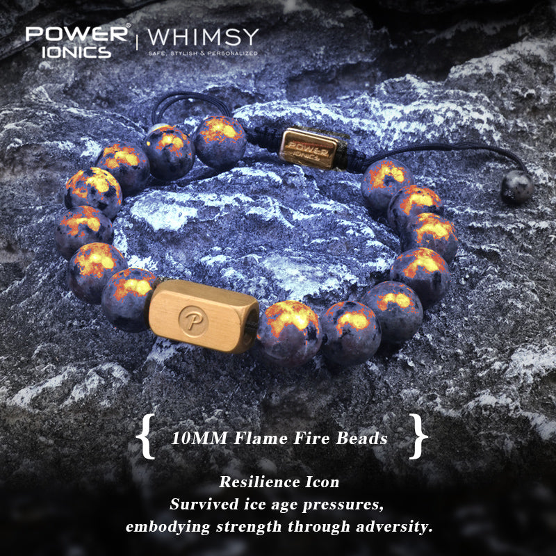 POWER IONICS 8mm 10mm Natural Flame Fire Stone Beads Adjustable Bracelet - 18K Gold Plated Unisex Jewelry Custom Engrave Gift