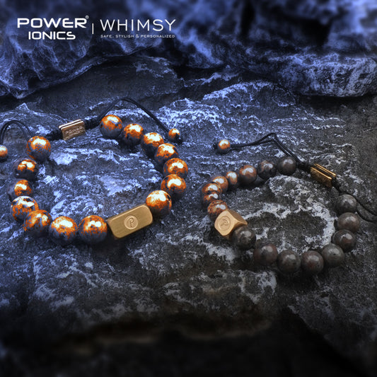 POWER IONICS 8mm 10mm Natural Flame Fire Stone Beads Adjustable Bracelet - 18K Gold Plated Unisex Jewelry Custom Engrave Gift