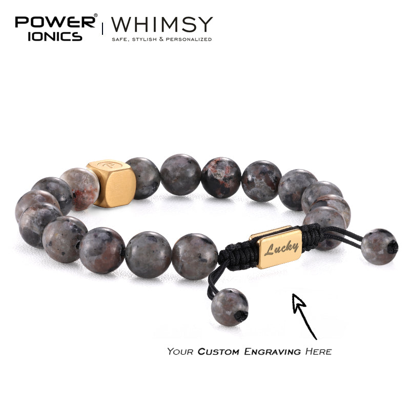 POWER IONICS 8mm 10mm Natural Flame Fire Stone Beads Adjustable Bracelet - 18K Gold Plated Unisex Jewelry Custom Engrave Gift