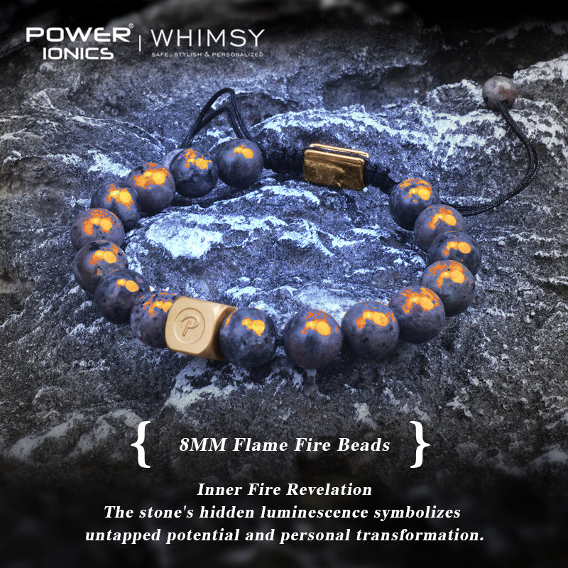 POWER IONICS 8mm 10mm Natural Flame Fire Stone Beads Adjustable Bracelet - 18K Gold Plated Unisex Jewelry Custom Engrave Gift