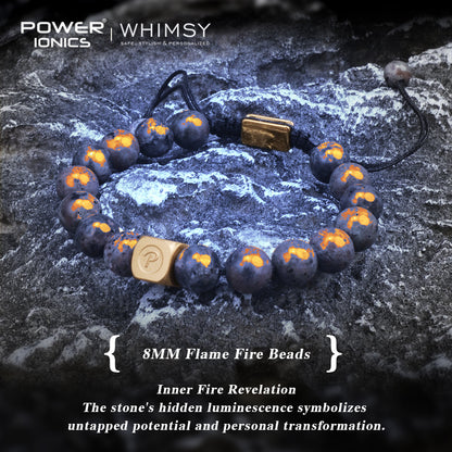 POWER IONICS 8mm 10mm Natural Flame Fire Stone Beads Adjustable Bracelet - 18K Gold Plated Unisex Jewelry Custom Engrave Gift