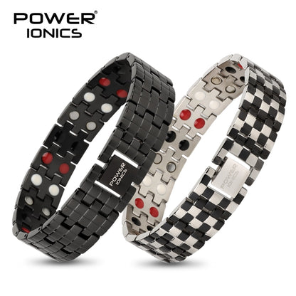 Power Ionics 4in1 Stainless Steel Mens Big Anion FIR Magnetic Germanium Balls Blood Pressure Accessory Charm Bracelet Gifts